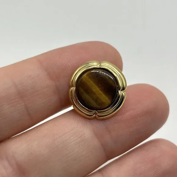 Tiger Eye Cuff Links Brown Gold Tone Round Unsigned - Picture 3 of 9